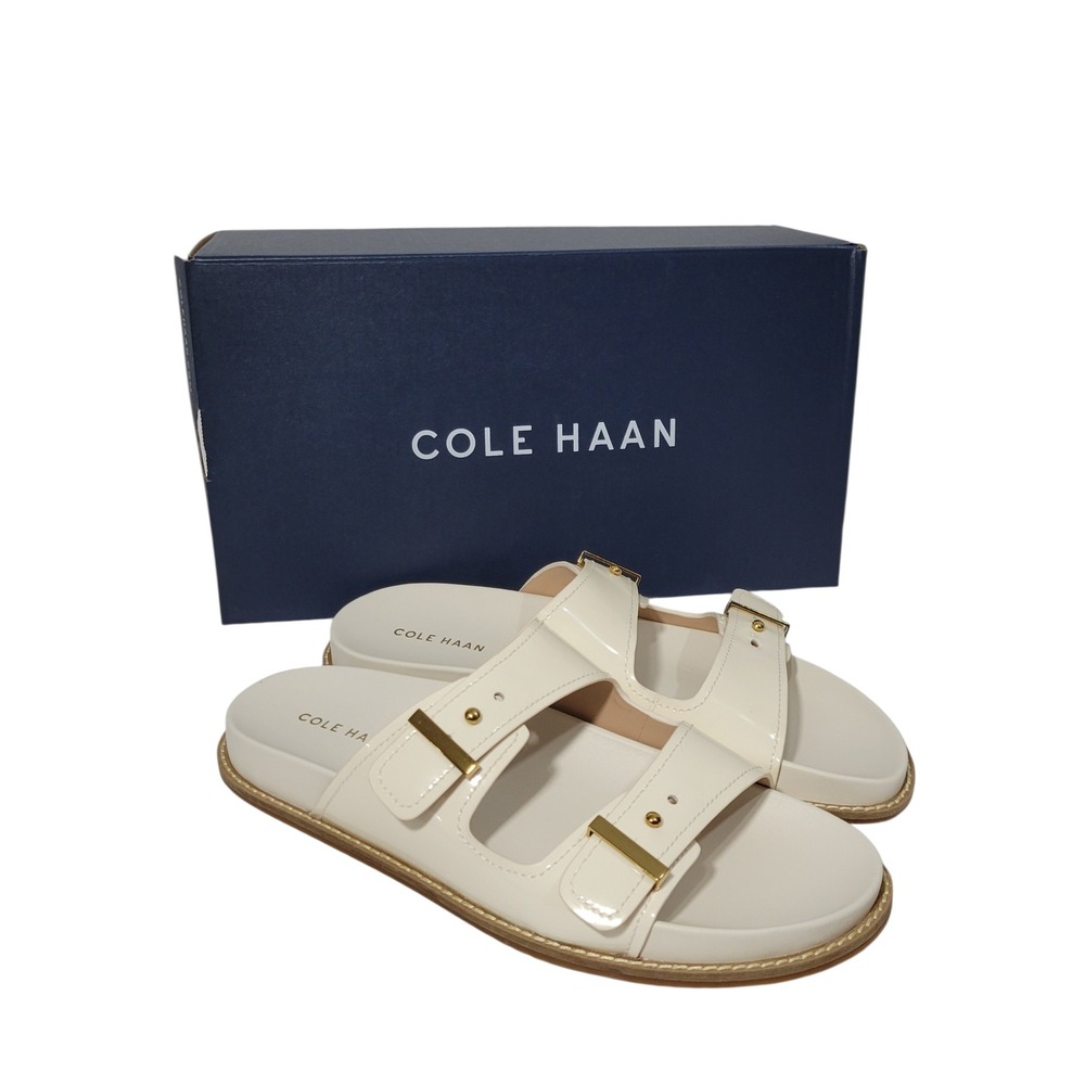 Cole Haan Marisol Footbed Sandal Womens 9 Ivory Patent Leather Buckle Adjustable - Picture 1 of 14